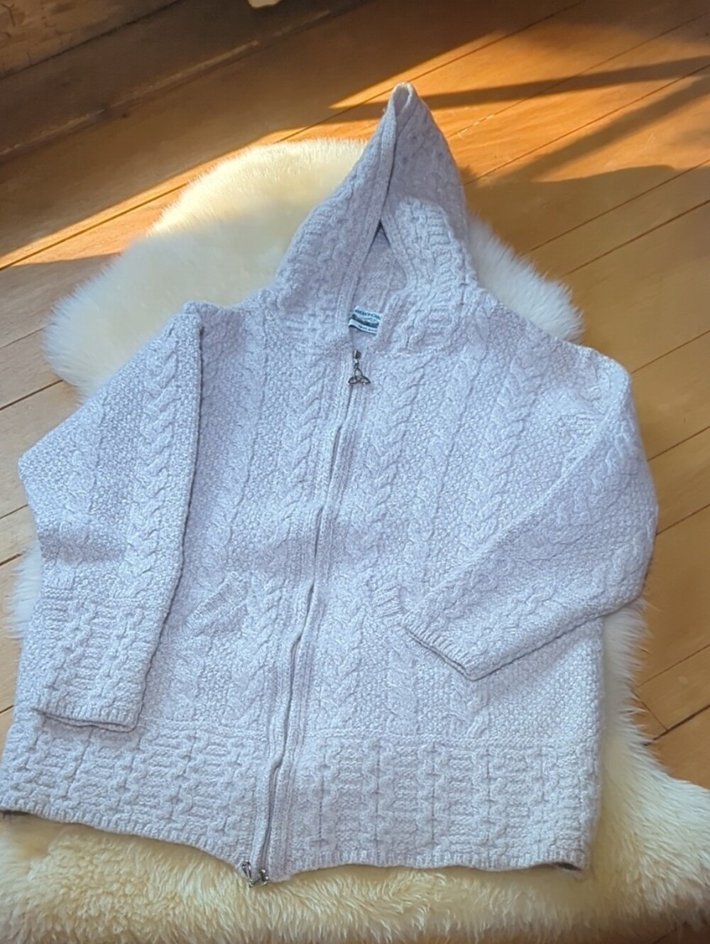 Aran Crafts Hooded 100% Merino Wool Cable-Knit Zip Beige Cardigan